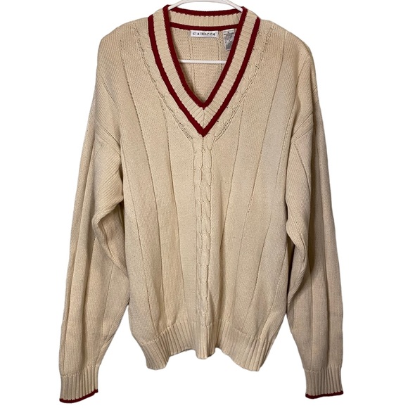 Claiborne Other - Claiborne Vintage 90's Cricket V Neck Cotton Sweater Burgundy Cream Size M